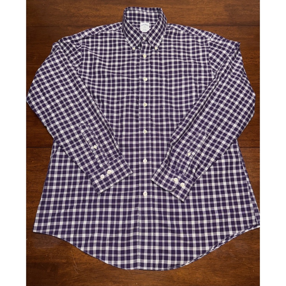 Brooks Brothers 346 Button Down Shirt Men's Large Purple Checkered Long Sleeves